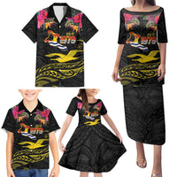 Kiribati Independence Day Personalised Family Matching Puletasi and Hawaiian Shirt Gold Frigatebird with Polynesian Pattern