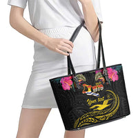 Kiribati Independence Day Personalised Leather Tote Bag Gold Frigatebird with Polynesian Pattern