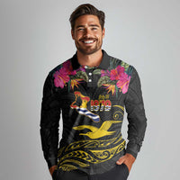 Kiribati Independence Day Personalised Long Sleeve Polo Shirt Gold Frigatebird with Polynesian Pattern