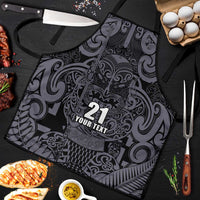 Custom New Zealand Taiaha Maori Apron Minimalist Silver Fern All Black LT9 Black - Polynesian Pride