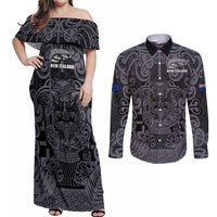 Custom New Zealand Taiaha Maori Couples Matching Off Shoulder Maxi Dress and Long Sleeve Button Shirt Minimalist Silver Fern All Black - Polynesian Pride