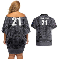 Custom New Zealand Taiaha Maori Couples Matching Off Shoulder Short Dress and Hawaiian Shirt Minimalist Silver Fern All Black - Polynesian Pride