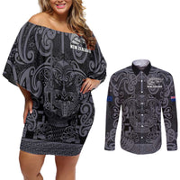 Custom New Zealand Taiaha Maori Couples Matching Off Shoulder Short Dress and Long Sleeve Button Shirt Minimalist Silver Fern All Black - Polynesian Pride