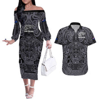 Custom New Zealand Taiaha Maori Couples Matching Off The Shoulder Long Sleeve Dress and Hawaiian Shirt Minimalist Silver Fern All Black - Polynesian Pride