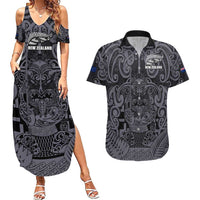 Custom New Zealand Taiaha Maori Couples Matching Summer Maxi Dress and Hawaiian Shirt Minimalist Silver Fern All Black - Polynesian Pride