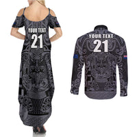 Custom New Zealand Taiaha Maori Couples Matching Summer Maxi Dress and Long Sleeve Button Shirt Minimalist Silver Fern All Black - Polynesian Pride