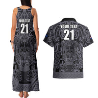 Custom New Zealand Taiaha Maori Couples Matching Tank Maxi Dress and Hawaiian Shirt Minimalist Silver Fern All Black - Polynesian Pride