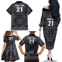 Custom New Zealand Taiaha Maori Family Matching Off The Shoulder Long Sleeve Dress and Hawaiian Shirt Minimalist Silver Fern All Black - Polynesian Pride