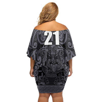 Custom New Zealand Taiaha Maori Family Matching Off Shoulder Short Dress and Hawaiian Shirt Minimalist Silver Fern All Black - Polynesian Pride
