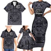 Custom New Zealand Taiaha Maori Family Matching Short Sleeve Bodycon Dress and Hawaiian Shirt Minimalist Silver Fern All Black - Polynesian Pride