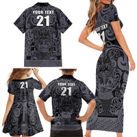 Custom New Zealand Taiaha Maori Family Matching Short Sleeve Bodycon Dress and Hawaiian Shirt Minimalist Silver Fern All Black - Polynesian Pride