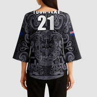 Custom New Zealand Taiaha Maori Kimono Sleeve Blouse Minimalist Silver Fern All Black - Polynesian Pride