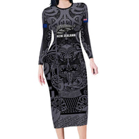 Custom New Zealand Taiaha Maori Long Sleeve Bodycon Dress Minimalist Silver Fern All Black - Polynesian Pride