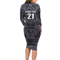 Custom New Zealand Taiaha Maori Long Sleeve Bodycon Dress Minimalist Silver Fern All Black - Polynesian Pride