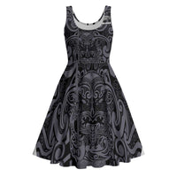 Custom New Zealand Taiaha Maori Midi Dress Minimalist Silver Fern All Black - Polynesian Pride