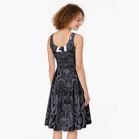 Custom New Zealand Taiaha Maori Midi Dress Minimalist Silver Fern All Black - Polynesian Pride