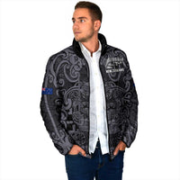Custom New Zealand Taiaha Maori Padded Jacket Minimalist Silver Fern All Black - Polynesian Pride