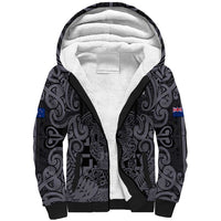 Custom New Zealand Taiaha Maori Sherpa Hoodie Minimalist Silver Fern All Black - Polynesian Pride