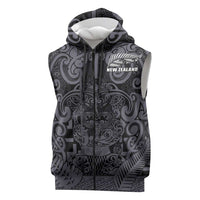Custom New Zealand Taiaha Maori Sleeveless Zip Hoodie Minimalist Silver Fern All Black - Polynesian Pride