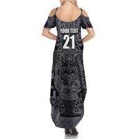 Custom New Zealand Taiaha Maori Summer Maxi Dress Minimalist Silver Fern All Black - Polynesian Pride