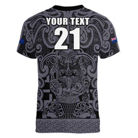 Custom New Zealand Taiaha Maori Women V-Neck T-Shirt Minimalist Silver Fern All Black - Polynesian Pride