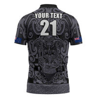 Custom New Zealand Taiaha Maori Zipper Polo Shirt Minimalist Silver Fern All Black - Polynesian Pride