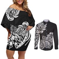 Polynesian Couples Matching Off Shoulder Short Dress and Long Sleeve Button Shirts Pacific Flower Mix Floral Tribal Tattoo Black Vibe LT9 Black - Polynesian Pride
