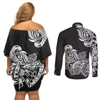 Polynesian Couples Matching Off Shoulder Short Dress and Long Sleeve Button Shirts Pacific Flower Mix Floral Tribal Tattoo Black Vibe LT9 - Polynesian Pride