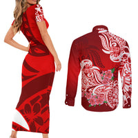 Polynesian Couples Matching Short Sleeve Bodycon Dress and Long Sleeve Button Shirts Pacific Flower Mix Floral Tribal Tattoo Red Vibe LT9 - Polynesian Pride