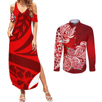 Polynesian Couples Matching Summer Maxi Dress and Long Sleeve Button Shirts Pacific Flower Mix Floral Tribal Tattoo Red Vibe LT9 Red - Polynesian Pride