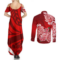 Polynesian Couples Matching Summer Maxi Dress and Long Sleeve Button Shirts Pacific Flower Mix Floral Tribal Tattoo Red Vibe LT9 - Polynesian Pride