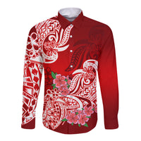Polynesian Long Sleeve Button Shirt Pacific Flower Mix Floral Tribal Tattoo Red Vibe LT9 Unisex Red - Polynesian Pride