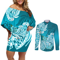 Polynesian Couples Matching Off Shoulder Short Dress and Long Sleeve Button Shirts Pacific Flower Mix Floral Tribal Tattoo Aqua Vibe LT9 Aqua - Polynesian Pride