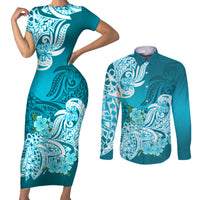 Polynesian Couples Matching Short Sleeve Bodycon Dress and Long Sleeve Button Shirts Pacific Flower Mix Floral Tribal Tattoo Aqua Vibe LT9 Aqua - Polynesian Pride