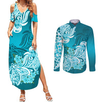 Polynesian Couples Matching Summer Maxi Dress and Long Sleeve Button Shirts Pacific Flower Mix Floral Tribal Tattoo Aqua Vibe LT9 Aqua - Polynesian Pride
