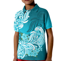 Polynesian Kid Polo Shirt Pacific Flower Mix Floral Tribal Tattoo Aqua Vibe LT9 Kid Aqua - Polynesian Pride