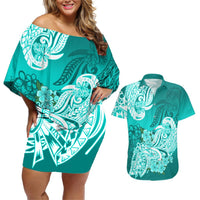 Polynesian Couples Matching Off Shoulder Short Dress and Hawaiian Shirt Pacific Flower Mix Floral Tribal Tattoo Turquoise Vibe LT9 Turquoise - Polynesian Pride