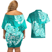 Polynesian Couples Matching Off Shoulder Short Dress and Hawaiian Shirt Pacific Flower Mix Floral Tribal Tattoo Turquoise Vibe LT9 - Polynesian Pride