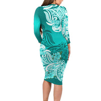 Polynesian Floral Tribal Long Sleeves Dress Turquoise LT9 - Polynesian Pride
