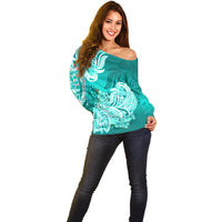 Polynesian Off Shoulder Sweater Pacific Flower Mix Floral Tribal Tattoo Turquoise Vibe LT9 - Polynesian Pride