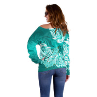 Polynesian Off Shoulder Sweater Pacific Flower Mix Floral Tribal Tattoo Turquoise Vibe LT9 - Polynesian Pride