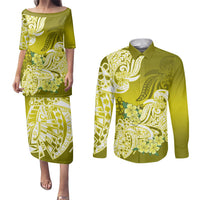 Polynesian Couples Matching Puletasi Dress and Long Sleeve Button Shirts Pacific Flower Mix Floral Tribal Tattoo Yellow Vibe LT9 Yellow - Polynesian Pride