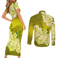 Polynesian Couples Matching Short Sleeve Bodycon Dress and Long Sleeve Button Shirts Pacific Flower Mix Floral Tribal Tattoo Yellow Vibe LT9 - Polynesian Pride