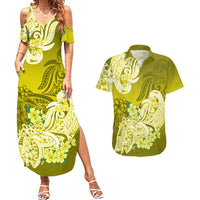Polynesian Couples Matching Summer Maxi Dress and Hawaiian Shirt Pacific Flower Mix Floral Tribal Tattoo Yellow Vibe LT9 Yellow - Polynesian Pride
