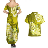 Polynesian Couples Matching Summer Maxi Dress and Hawaiian Shirt Pacific Flower Mix Floral Tribal Tattoo Yellow Vibe LT9 - Polynesian Pride