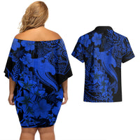 Aloha Hawaii Couples Matching Off Shoulder Short Dress and Hawaiian Shirt Hammerhead Shark Tattoo Polynesian Summer - Blue LT9 - Polynesian Pride