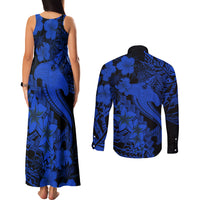 Aloha Hawaii Couples Matching Tank Maxi Dress and Long Sleeve Button Shirts Hammerhead Shark Tattoo Polynesian Summer - Blue LT9 - Polynesian Pride