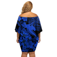 Aloha Hawaii Off Shoulder Short Dress Hammerhead Shark Tattoo Polynesian Summer - Blue LT9 - Polynesian Pride