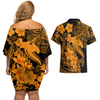 Aloha Hawaii Couples Matching Off Shoulder Short Dress and Hawaiian Shirt Hammerhead Shark Tattoo Polynesian Summer - Gold LT9 - Polynesian Pride