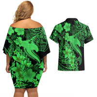 Aloha Hawaii Couples Matching Off Shoulder Short Dress and Hawaiian Shirt Hammerhead Shark Tattoo Polynesian Summer - Green LT9 - Polynesian Pride